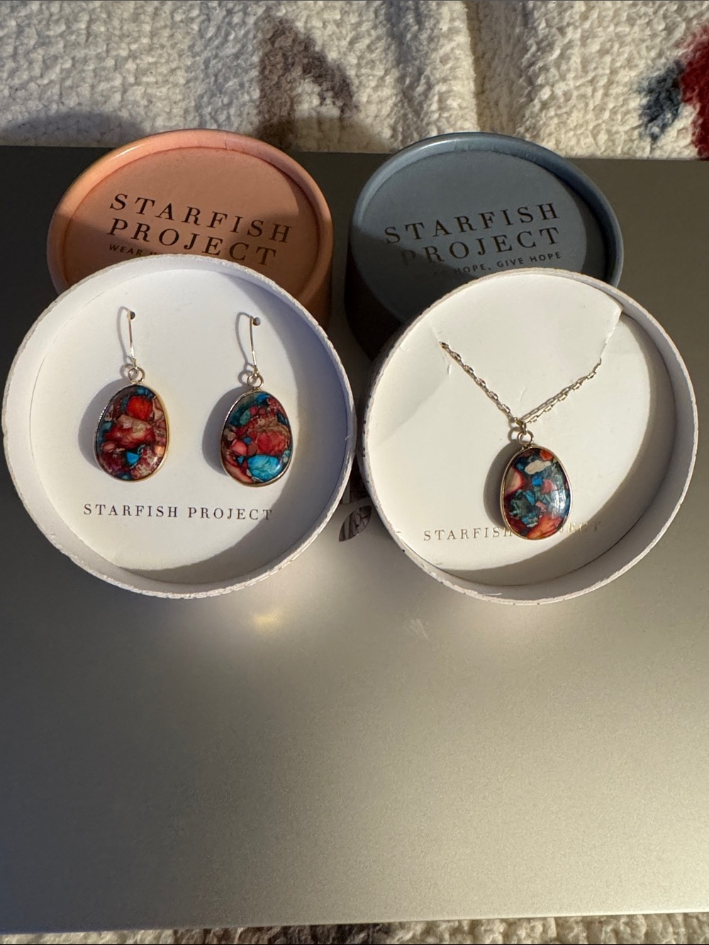 Starfish Project set Red & Turquoise Mosaic Oval Necklace and Earrings Set